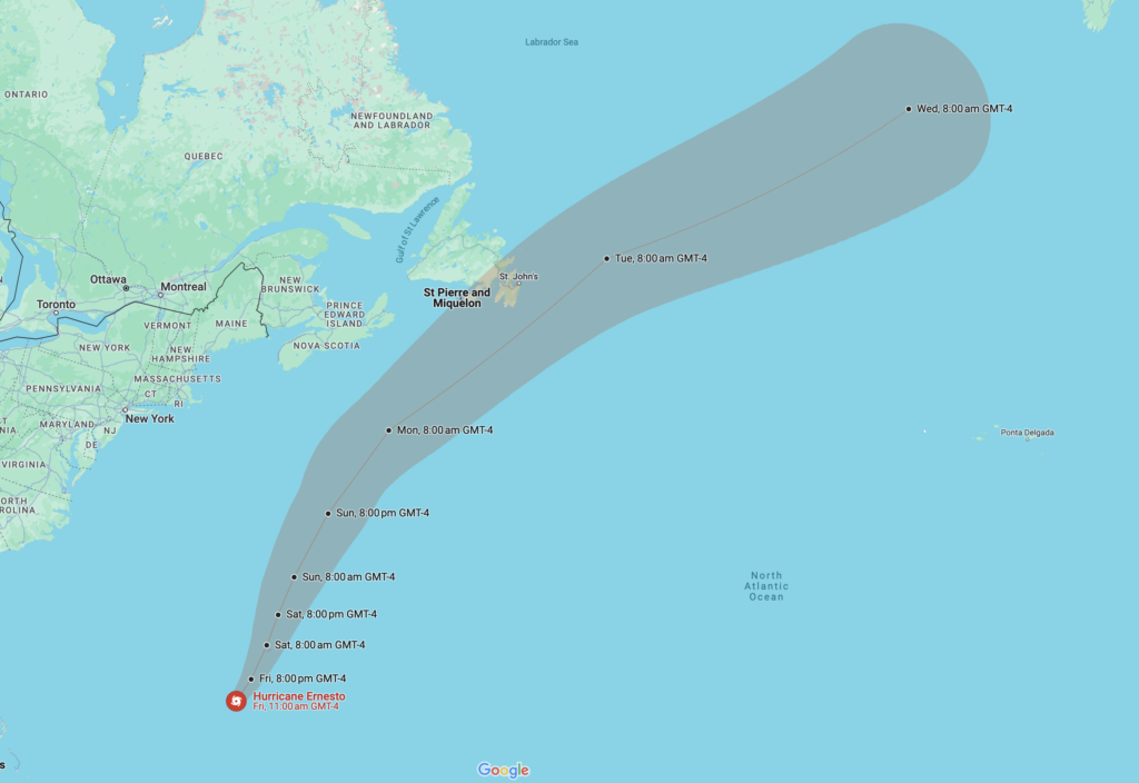 The estimated path of Hurricane Ernesto. - Photo courtesy Google Maps